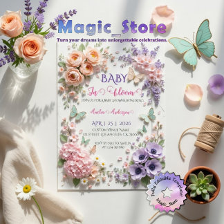 Elegant Baby In Bloom Floral Butterflies Pastel Inbjudningar