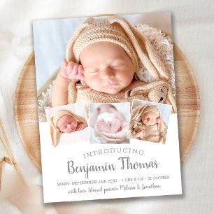 Elegant Baby Personlig 4 Foto Collage Födelse Meddelande Vykort