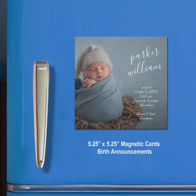 Elegant Baby Photo Magnetic Birth Notice (5.25" x 5.25" square magnetic cards with a high-gloss finish)