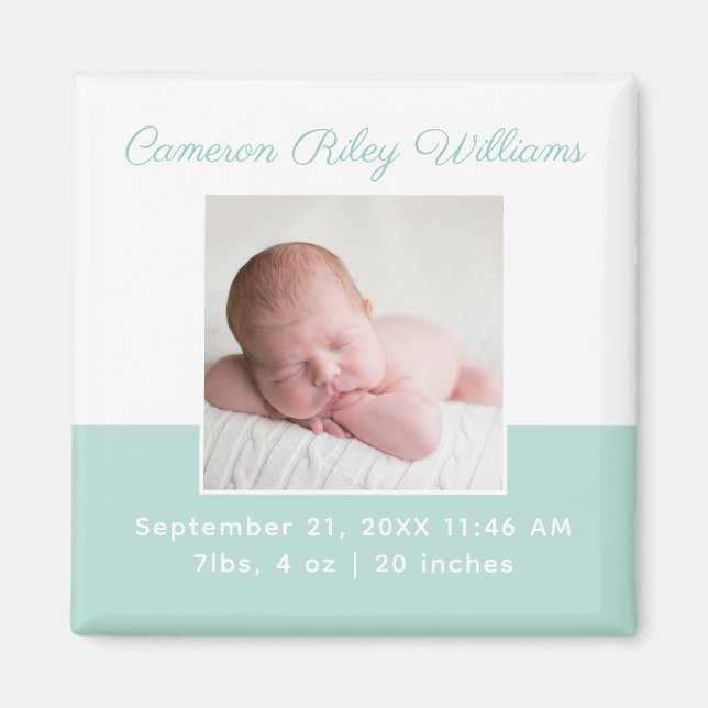 Elegant Baby Photo Mint Grönt Birth Notice Magnet (Framsidan)