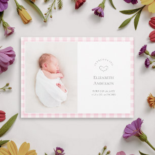 Elegant Baby Rosa Rutigt 2 Foto Flicka Födelse Meddelande
