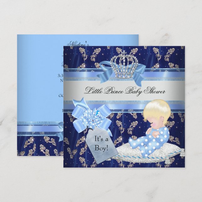 Elegant Baby Shower Blonde Boy Blue Little Prince Inbjudningar (Fram/baksida)