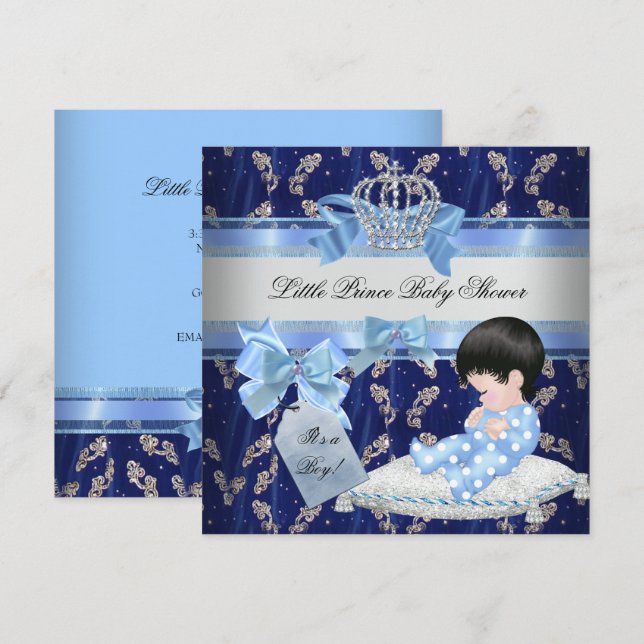 Elegant Baby Shower Boy Blue Little Prince Krona 2 Inbjudningar (Fram/baksida)