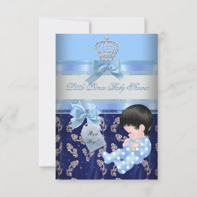 Elegant Baby Shower Boy Blue Little Prince Krona 2 Inbjudningar (Framsida)