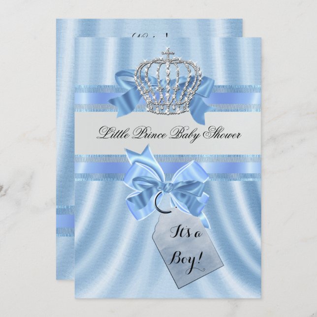 Elegant Baby Shower Boy Blue Little Prince Krona Inbjudningar (Fram/baksida)