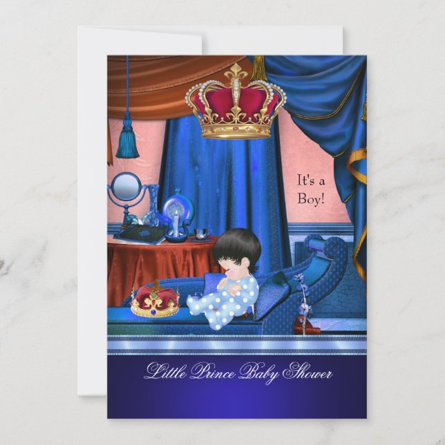Elegant Baby Shower Boy Blue Little Prince Krona Inbjudningar (Framsida)