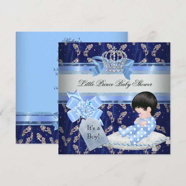 Elegant Baby Shower Boy Blue Little Prince Krona Inbjudningar (Fram/baksida)