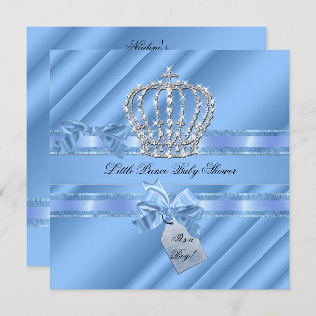 Elegant Baby Shower Boy Blue Little Prince Krona Inbjudningar (Fram/baksida)