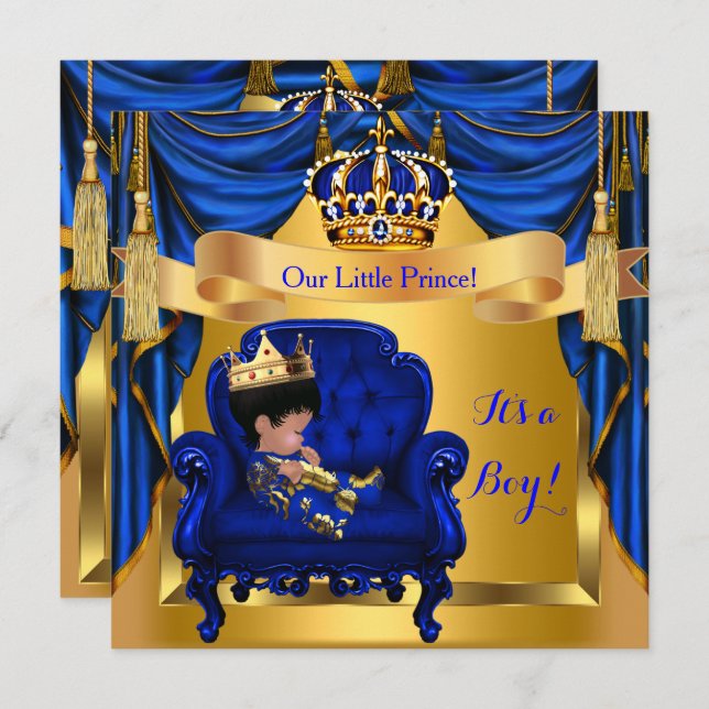 Elegant Baby Shower Boy Prince Royal Blue Guld Inbjudningar (Fram/baksida)