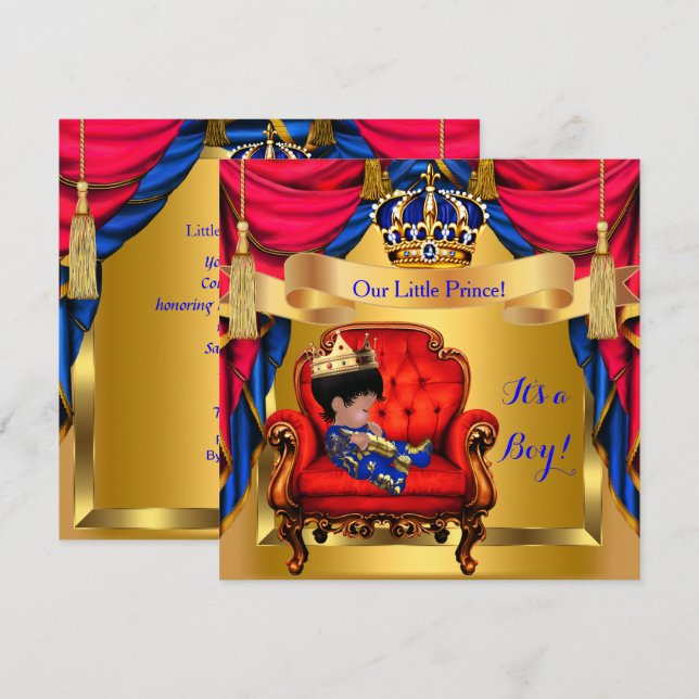 Elegant Baby Shower Boy Prince Royal Blue Red Guld Inbjudningar (Fram/baksida)