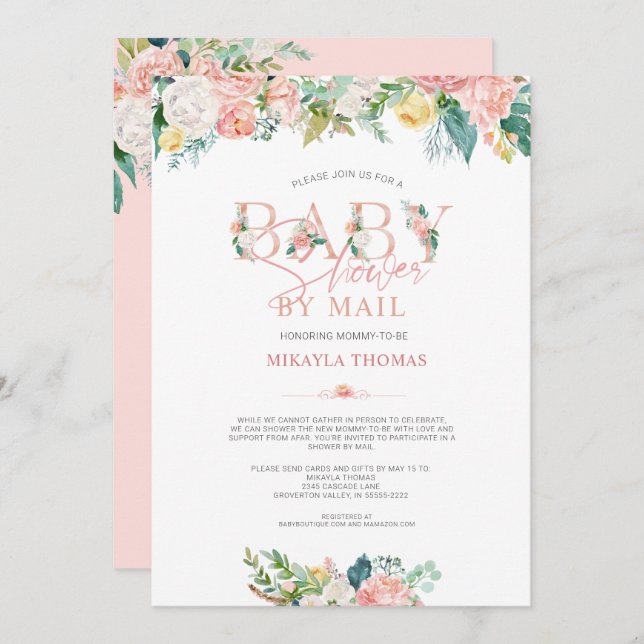 Elegant Baby Shower by Mail Ro Guld Rosa Blommigt  Inbjudningar (Fram/baksida)