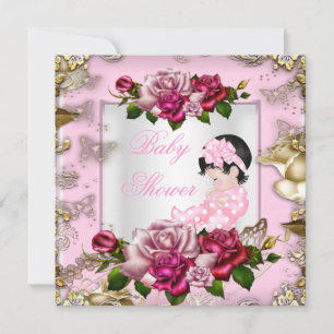 Elegant Baby Shower Flickor Rosa Rosor Vitt Guld Inbjudningar