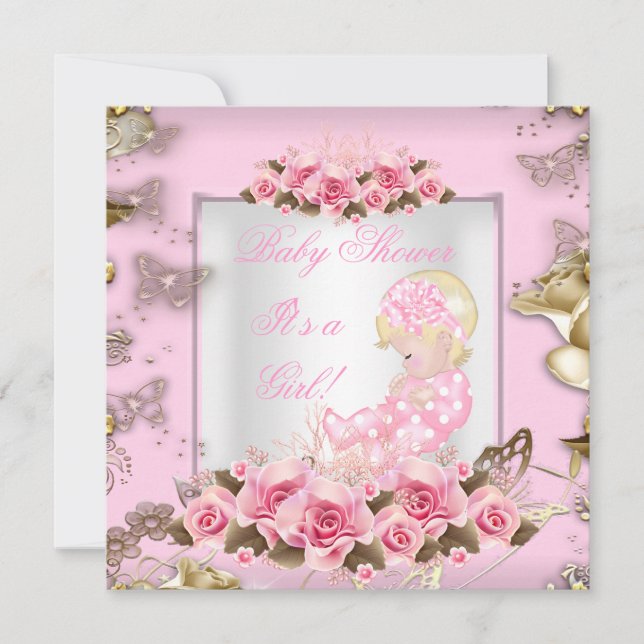 Elegant Baby Shower Girl Rosa ros Guld Blonde 2 Inbjudningar (Framsida)