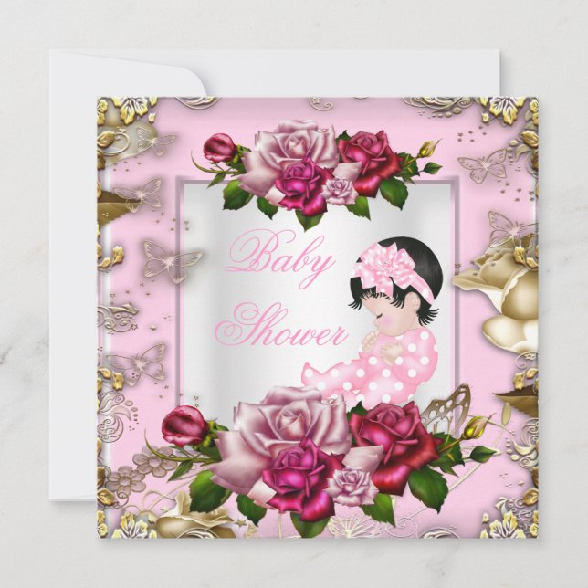 Elegant Baby Shower Girl Rosa ros White Guld Inbjudningar (Framsida)