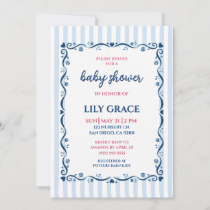 Elegant Baby Shower Inbjudan I Ränder & Marinblå