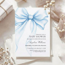 Elegant baby shower-inbjudan med en blå slinga.