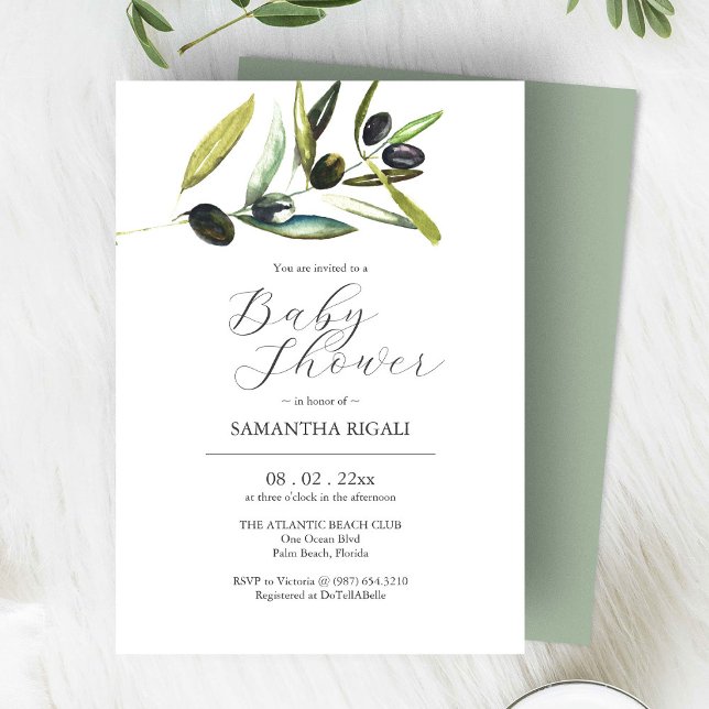 Elegant Baby Shower-inbjudningar Vattenfärgslive Inbjudningar (Olive branch baby shower invitations watercolor art by Victoria Grigaliunas Do Tell A Belle)