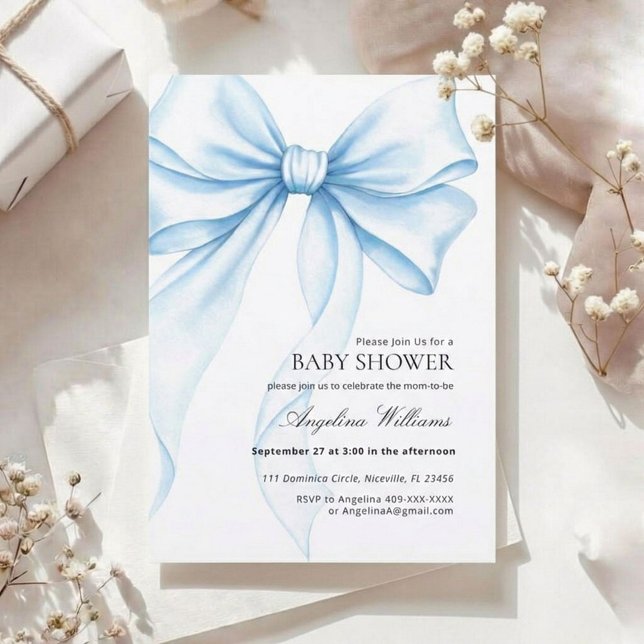 Elegant Baby Shower Invitation with a Blue Bow.  Inbjudningar (Skapare uppladdad)