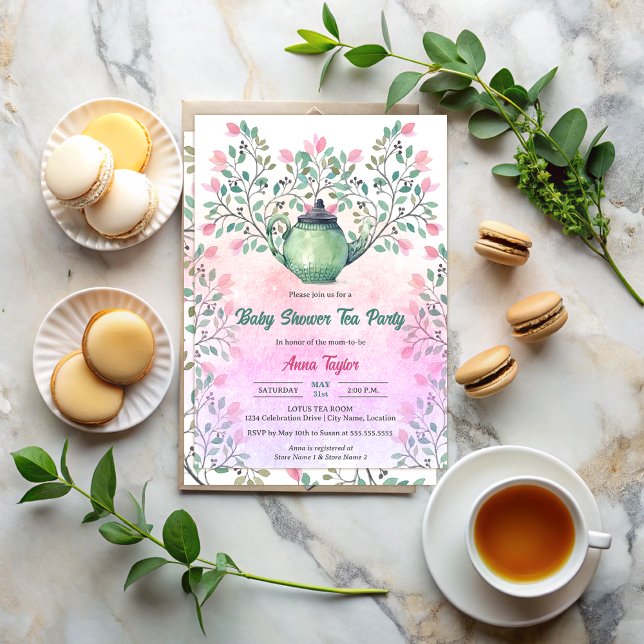 Elegant Baby Shower Tea Party Tekanna Blommigt Inbjudningar (Elegant baby shower tea party invitation with a teapot and floral design elements front and back.)