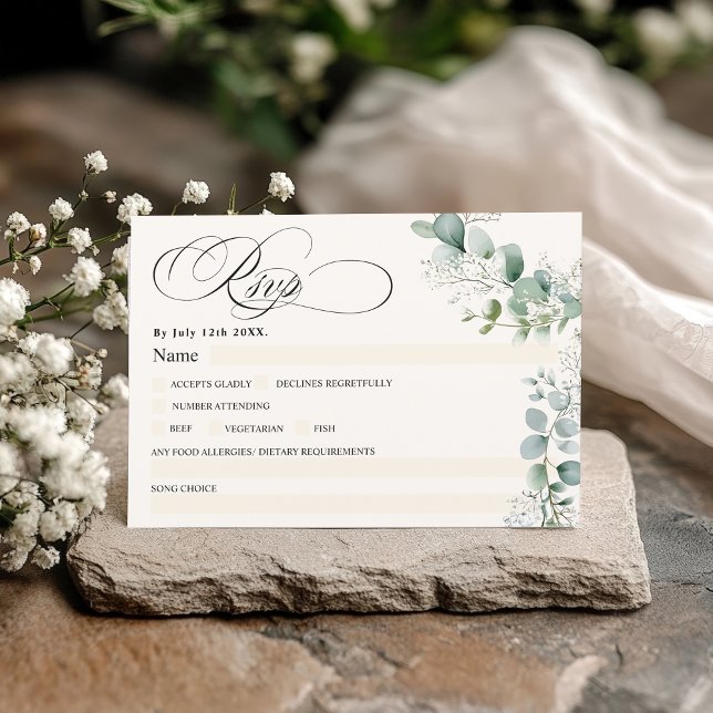 Elegant baby Utandningsutandning Dusty Greenery Br Inbjudningar (Elegant baby Breath Wreath Dusty Greenery Wedding Invitation)