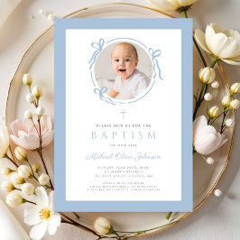 Elegant babyblå båge foto dop inbjudningar