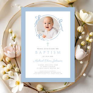 Elegant babyblå båge foto dop inbjudningar