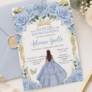 Elegant Babyblå Blommor Brun Prinsessa Quinceañera Inbjudningar