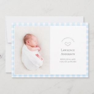 Elegant babyblå gingham 2 foto baby pojke födelse meddelande