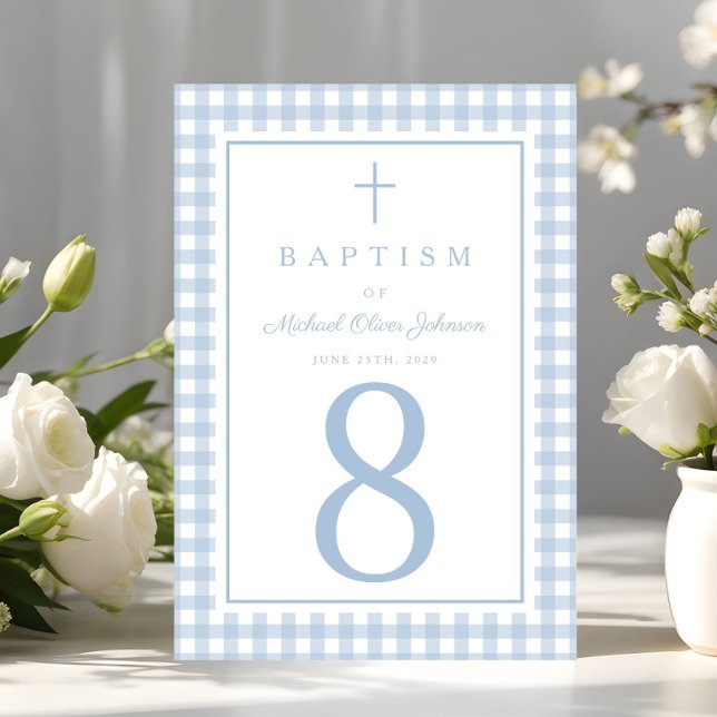 Elegant babyblå gingham pojke dop bordsnummer (Elegant Baby Blue Gingham Boy Baptism Table Number)