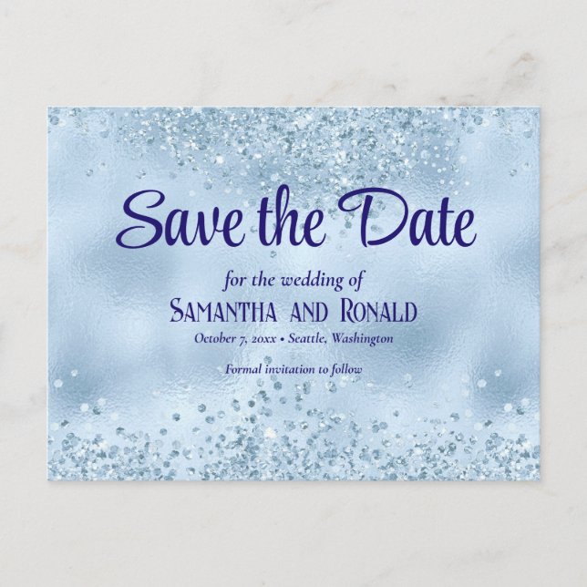 Elegant babyblå glitter- och foliebröllop meddelande vykort (Framsida)