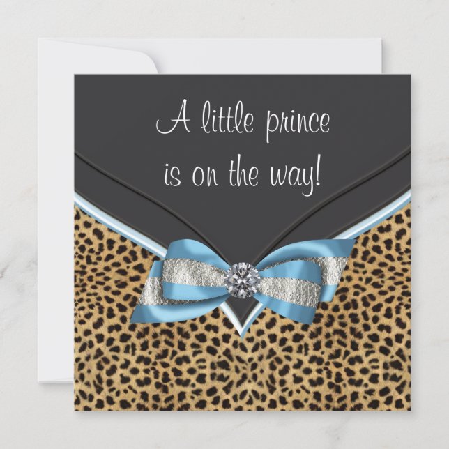 Elegant babyblå leopard prins baby shower inbjudningar (Framsida)