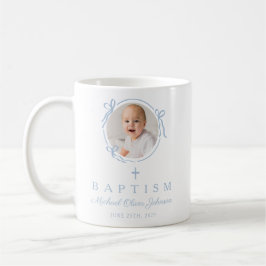 Elegant babyblå pojkfoto dop kaffemugg