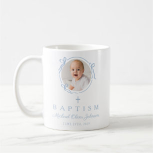 Elegant babyblå pojkfoto dop kaffemugg