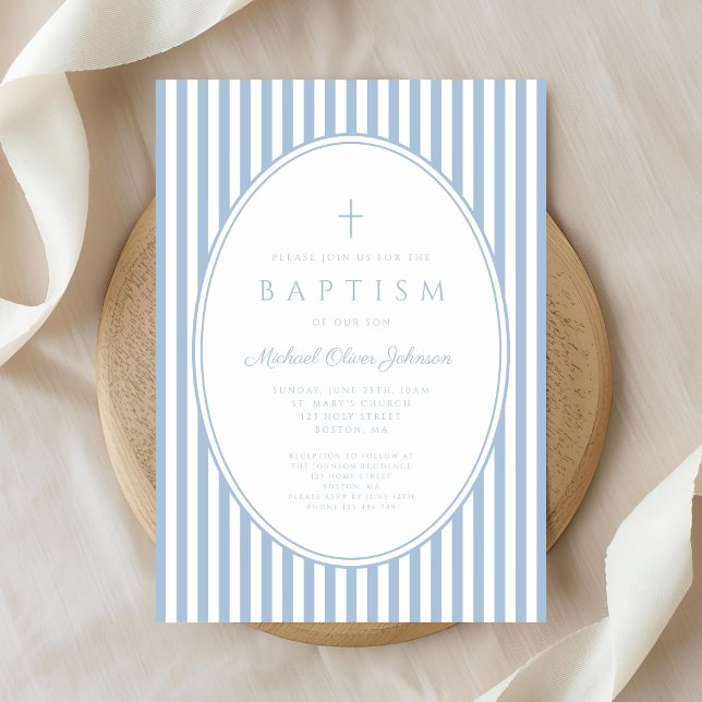 Elegant babyblå randig pojke dop inbjudan (Elegant Baby Blue Striped Boy Baptism Invitation)