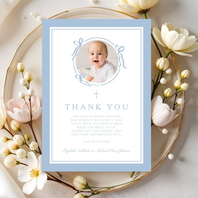 Elegant Babyblå Religiös Dop Foto Tack Kort (Elegant Baby Blue Religious Baptism Photo Thank You Card)