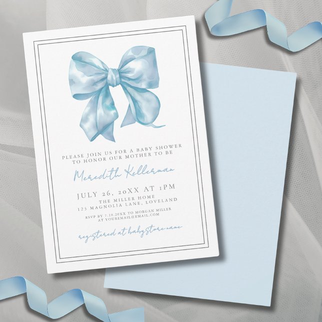 Elegant babyblå rosett babyfirande inbjudningar (Elegant Baby Blue Bow Baby Shower Invitation)
