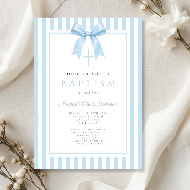 Elegant babyblå rosett pojke dop inbjudningar (Elegant Baby Blue Bow Boy Baptism Invitation)