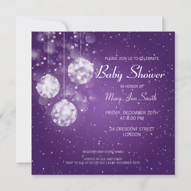 Elegant Babyskor Festive Baubles Lila Inbjudningar (Framsida)