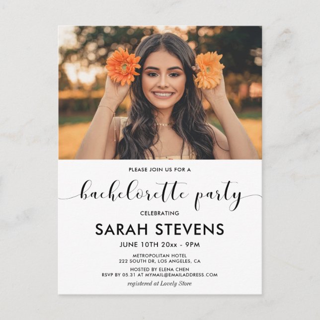 Elegant Bachelorette Party-fotoinbjudan Vykort (Framsida)