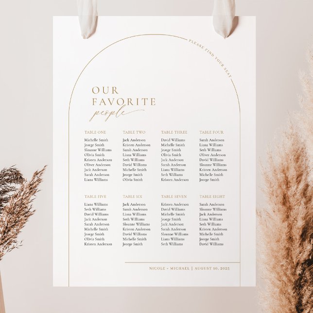 Elegant Båge 8 Bord Välkomst Sittplatskarta Poster (Gold Color Arch Seating Chart Our Favorite People )