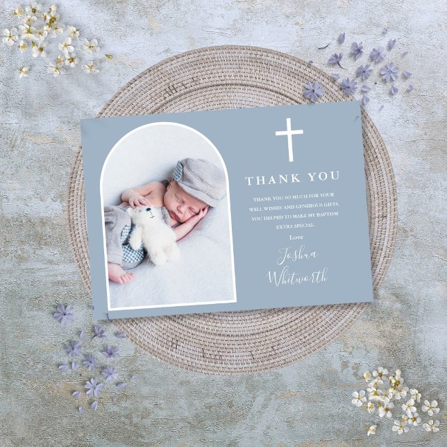 Elegant Båge Foto Dammig Blå Dop Tack Kort (Elegant Arch Photo Dusty Blue Baptism Thank You Card)
