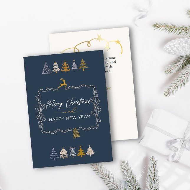 Elegant båge och snygga träd Doodle blå högtidskor Julkort (Elegant Bow & Chic Trees Doodle Blue Holiday Card)