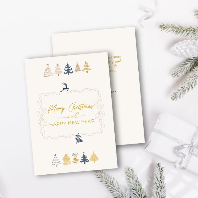 Elegant båge och snygga träd Doodle Cream högtidsk Julkort (Elegant Bow & Chic Trees Doodle Cream Holiday Card)