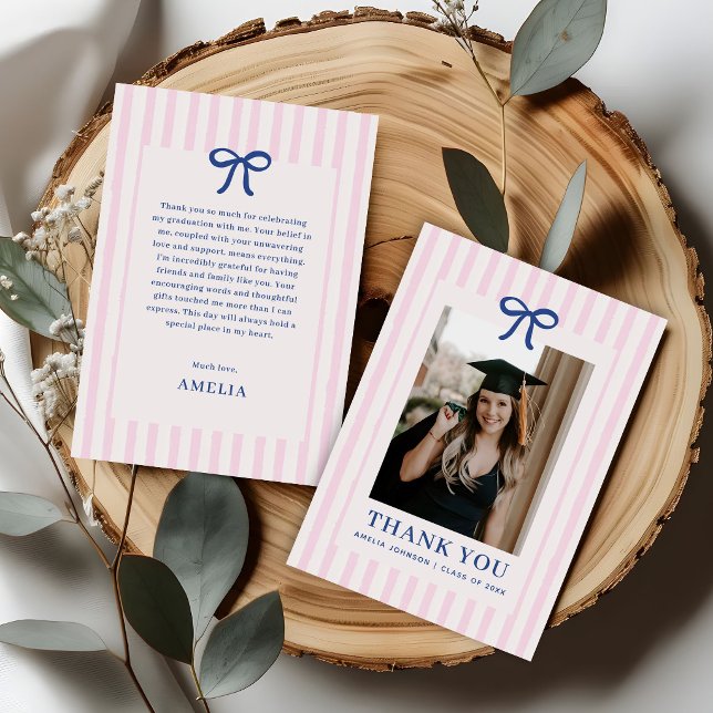 Elegant båge rosa randig foto examen tack kort (Skapare uppladdad)