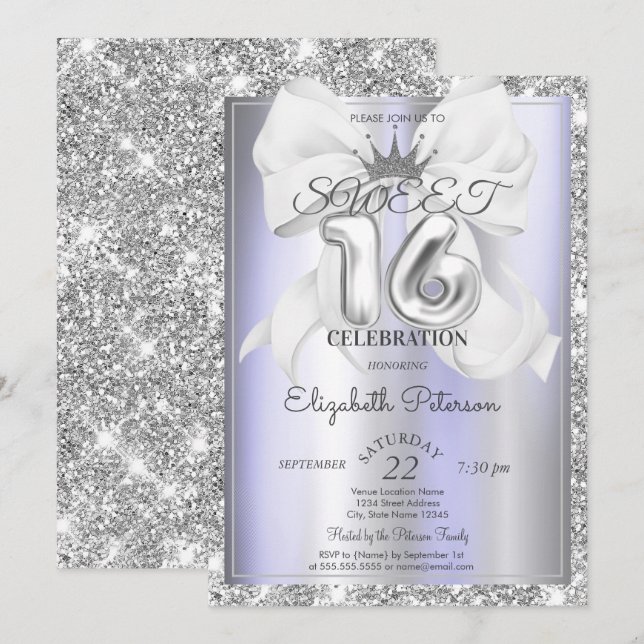 Elegant båge, tiara, violett silverglitter Sweet 1 Inbjudningar (Fram/baksida)