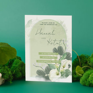 Elegant Bågskott Grön & Vit Akvarell Blommig Spara Datumet