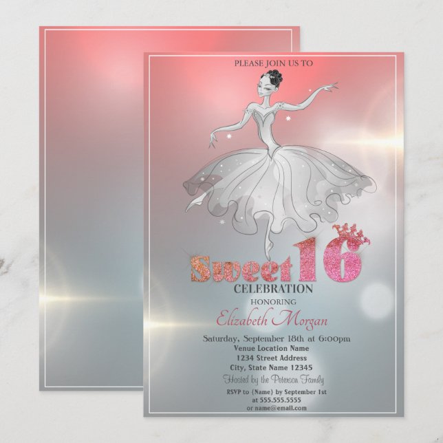 Elegant balettdansös, Glitter Sweet 16 Inbjudningar (Fram/baksida)