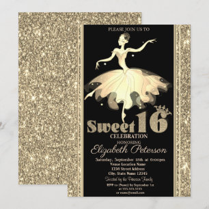 Elegant balettdansös Guldglitter Sweet 16 Inbjudningar