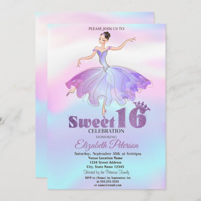 Elegant Ballerina Colorful Ombre Sweet 16 Inbjudningar (Fram/baksida)