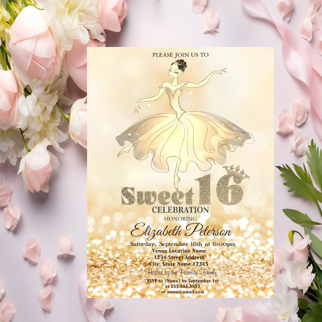 Elegant Ballerina Guld Glitter Bokeh Sweet 16 Inbjudningar (Skapare uppladdad)